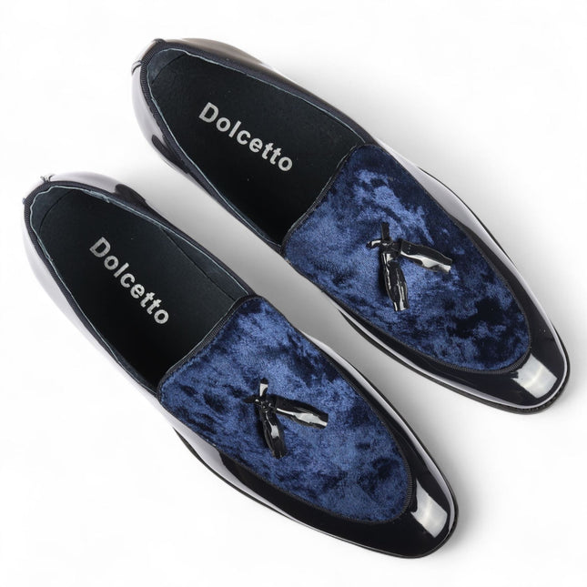Men's Navy Velvet Tassel Loafers Formal Patent Dress Shoes