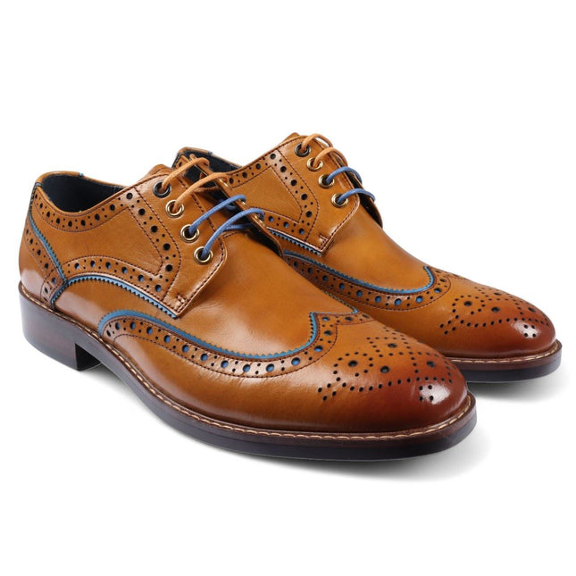 Justin Reess Men's Brown Brogue Leather Classic Dress Shoes- Simon