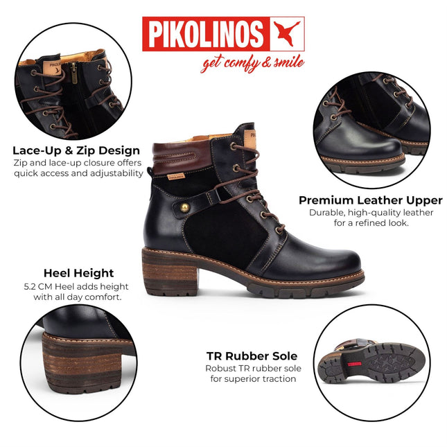 Pikolinos Women’s Black Leather Zip & Lace Up Heel Ankle Boots - San Sebastia
