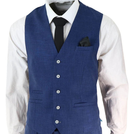 Mens 3 Piece Blue Linen Summer Spring Classic Suit