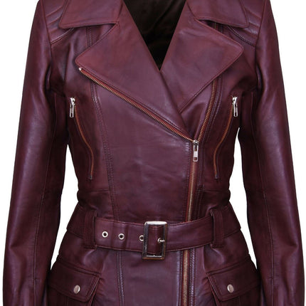 Womens Long Leather Biker Jacket-Quito