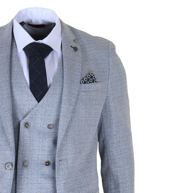 Men's Light Blue Plain Check 3 Piece Slim Fit Formal Wedding Suit