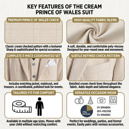 Boys Cream 3 Piece Check Formal Suit - Regent