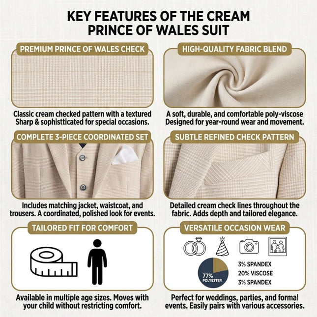 Boys Cream 3 Piece Check Formal Suit - Regent