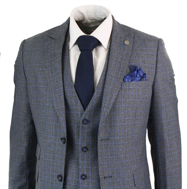 Mens 3 Piece Grey Blue Check Vintage Retro Suit