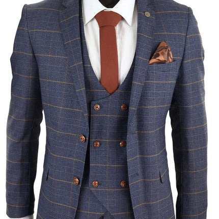 Mens 3 Piece Navy Blue Retro Check Vintage Classic Suit