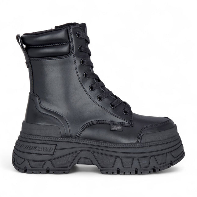 Buffalo Womens Black Chunky Platform Lace Up Mid High Combat Boots - Fusion