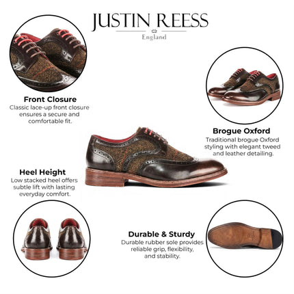 Justin Reess Men's Brown Leather Tweed Brogue Shoes - Arlo