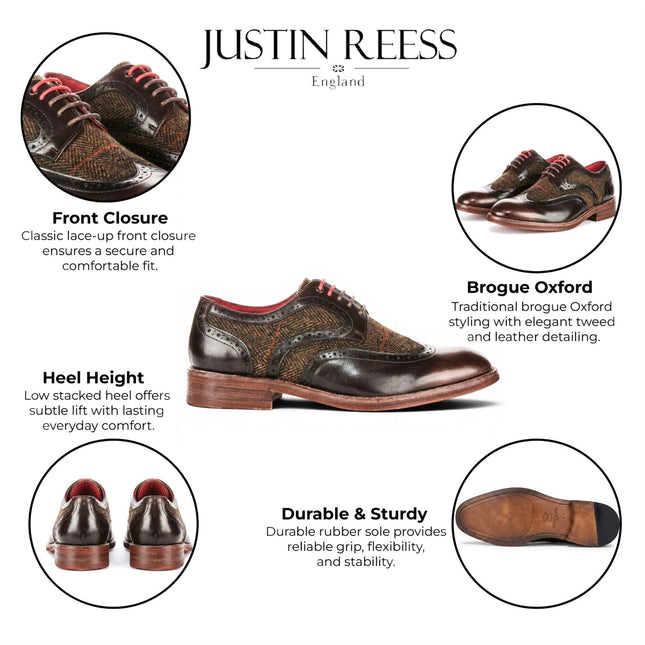 Justin Reess Men's Brown Leather Tweed Brogue Shoes - Arlo