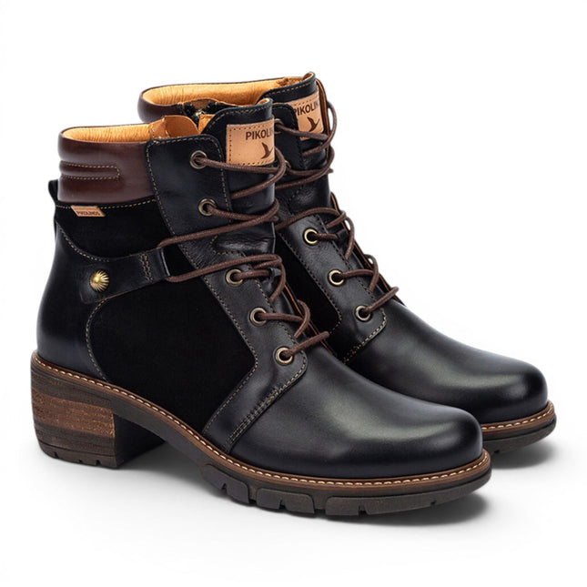 Pikolinos Women’s Black Leather Zip & Lace Up Heel Ankle Boots - San Sebastia