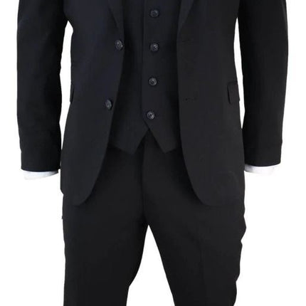 Mens 3 Piece Plain Black Classic Retro Tailored Suit