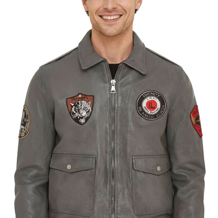 Men’s Grey Leather Bomber G-1 Aviator Collar Jacket  - Maverick