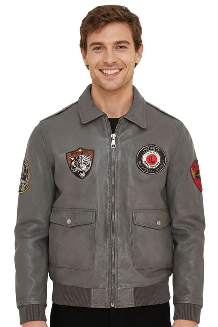 Men’s Grey Leather Bomber G-1 Aviator Collar Jacket  - Maverick