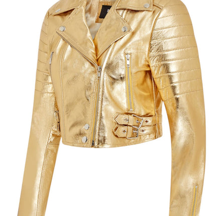 Womens Cropped Brando Leather Biker Jacket-Damascus