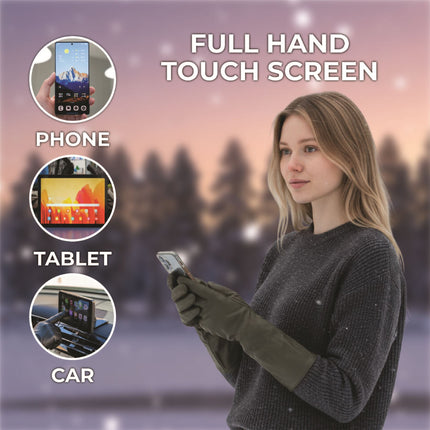 Womens Long Olive Green Italian Leather Winter Soft Wool Lining Gloves