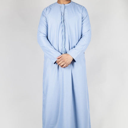 Men's Blue Thobe Emirati Islamic Jubba Robe Eid Tassel Regular Fit