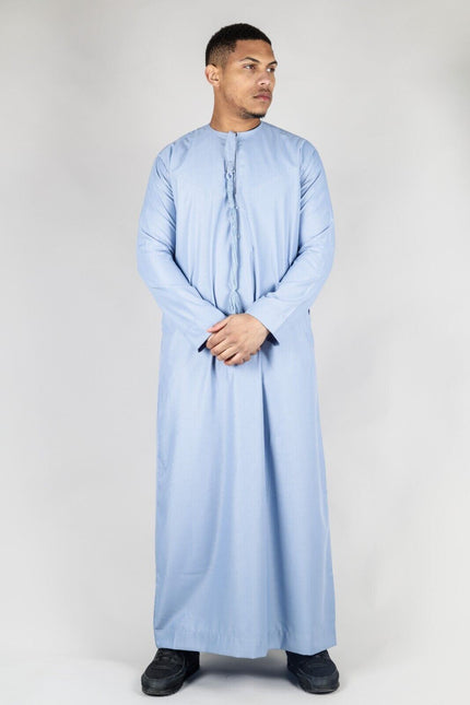 Men's Blue Thobe Emirati Islamic Jubba Robe Eid Tassel Regular Fit