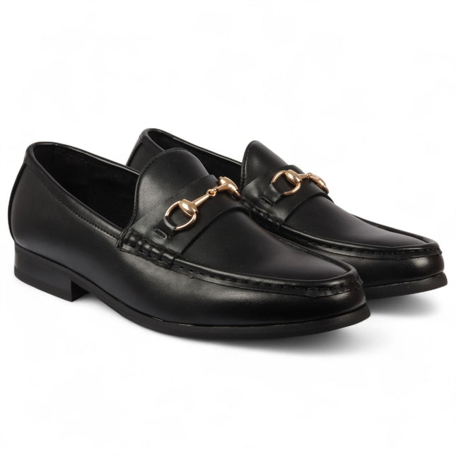 Men's Black Loafers with Gold Buckle Smart Slip-On Shoes