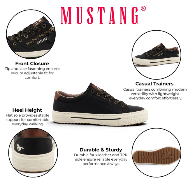 Mustang Women's Black Faux Leather Trainer Sneaker Casual Shoes - M0112011