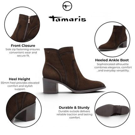 Tamaris Women's Mocca Brown Suede Leather Heeled Ankle Boots - 25313-47