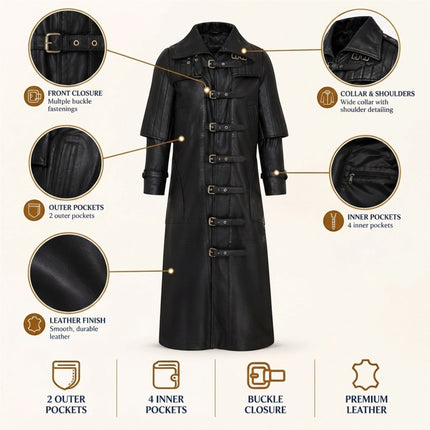 Mens Black Leather Full Length Buckle Gothic Long Trench Coat - Captain