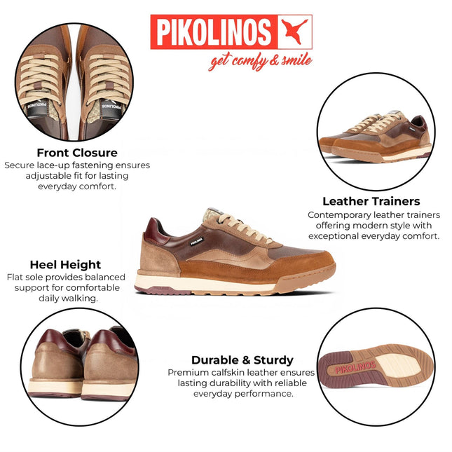 Pikolinos Men's Brown Leather Trainers Sneaker Lace-Up Shoes - Teide
