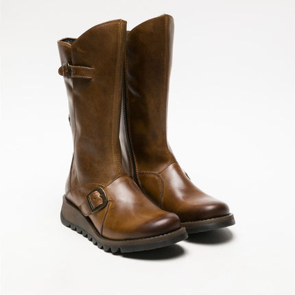 Fly London Womens Camel Mes 2 Wedge Heel Buckle Mid-Calf Leather Zip Platform Boots