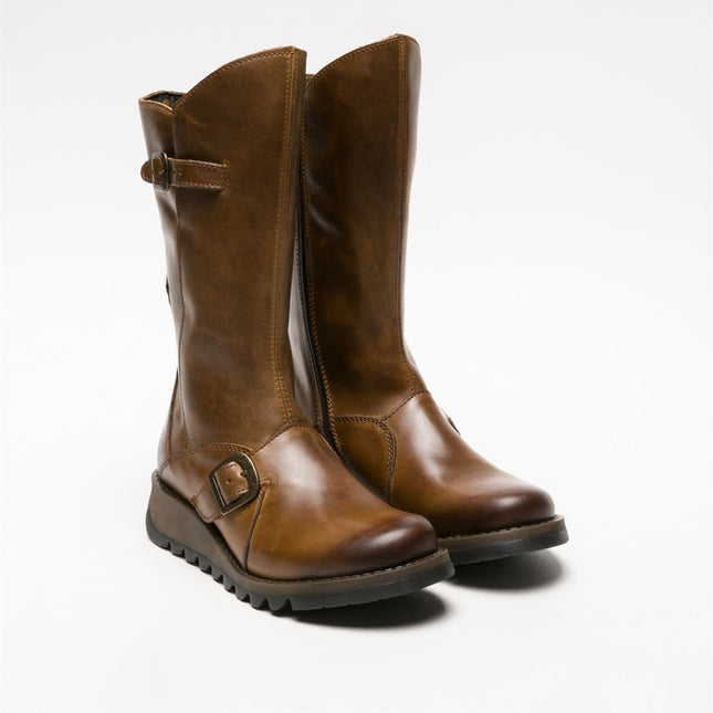 Fly London Womens Camel Mes 2 Wedge Heel Buckle Mid-Calf Leather Zip Platform Boots