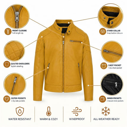Mens Yellow Leather Quilted Shoulder Biker Jacket - Rock