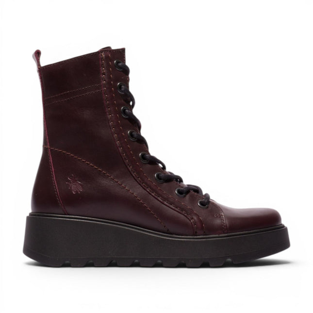 Fly London Womens Wine Leather Lace-Up Wedge Heel Combat Boots - TERY554
