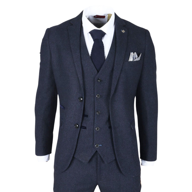 Men's Navy Blue Wool Blend Tweed 3 Piece Formal Suit