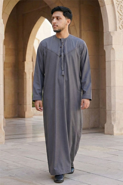 Men's Eid Grey Moroccan Jubba Robe Djellaba Ramadan Eid Thobe - HM11