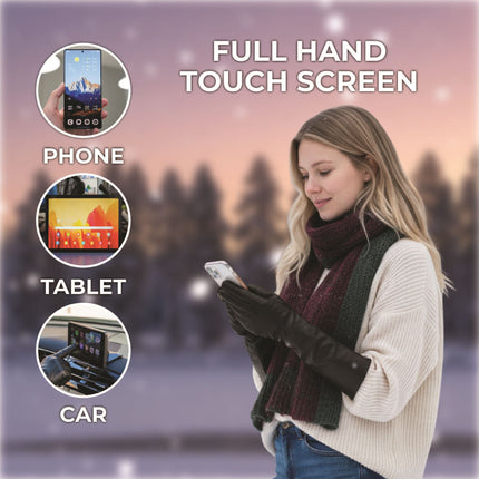 Womens Long Black Italian Leather Winter Soft Wool Lining Gloves