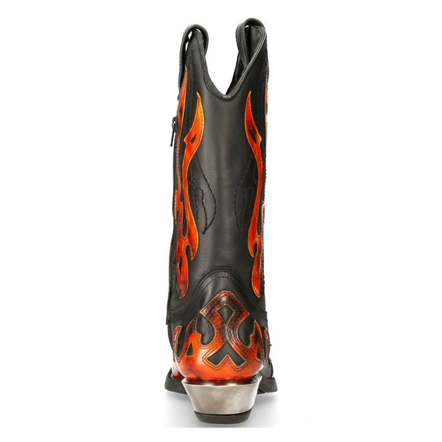 New Rock Flame Accented Black/Red Mid-Calf Cowboy Boots -7921-S2