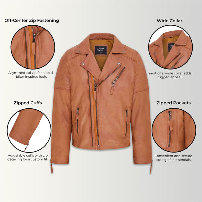 Mens Slim Fit Brando Style Double Cross Zip 100% Leather Biker Jacket