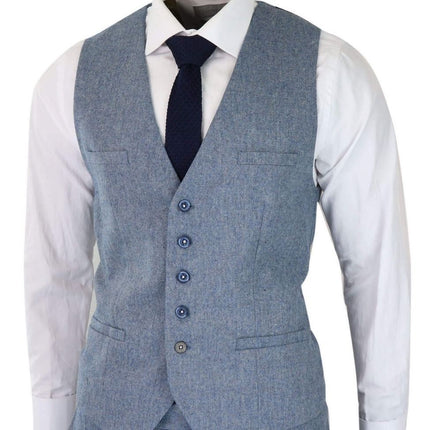 Mens 3 Piece Light Blue Tweed Tailored Fit Retro Classic Suit