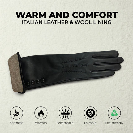 Womens Long Black Italian Leather Winter Button Design Soft Wool Lining Gloves - L-GLV-201