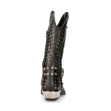 New Rock Black Leather Studded Cowboy Boots- M-7928-S1