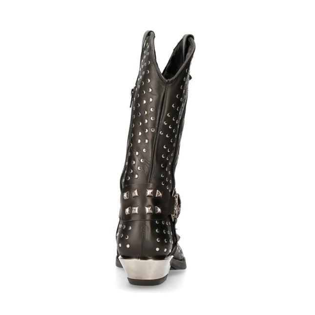 New Rock Black Leather Studded Cowboy Boots- M-7928-S1