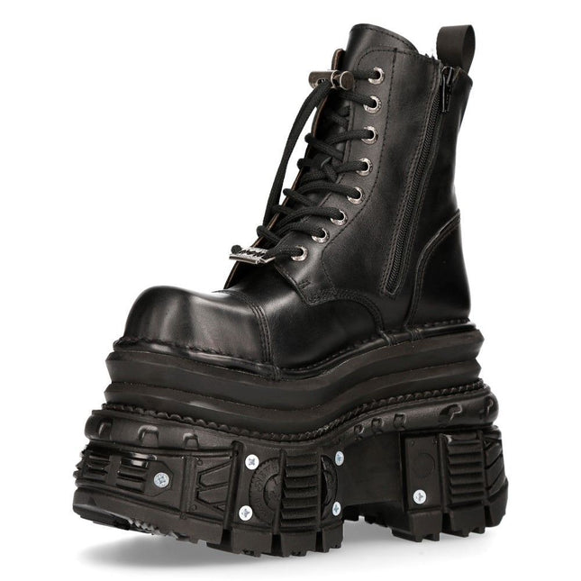 New Rock Metallic Black Leather Military Boots - M-MILI083CCT