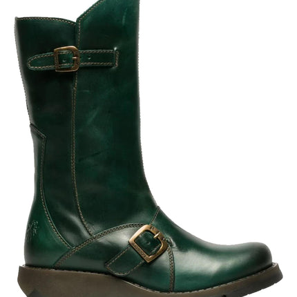 Fly London Womens Green Mes 2 Wedge Heel Buckle Mid-Calf Leather Zip Platform Boots
