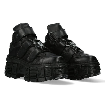 New Rock Metallic Ankle Black Leather Boots-WALL285-S2