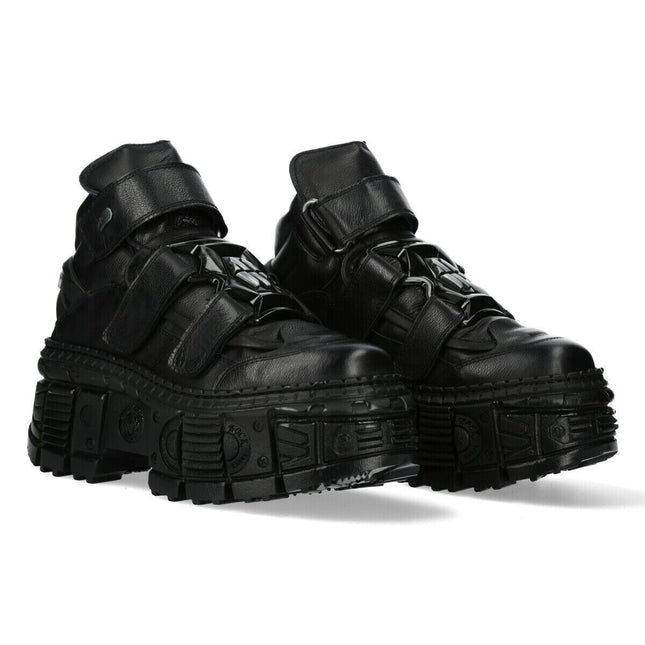 New Rock Metallic Ankle Black Leather Boots-WALL285-S2