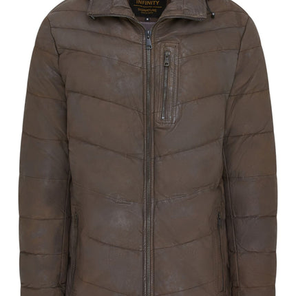 Men's Brown Leather Quilted Jacket Hooded Puffer Winter Coat - Olyic