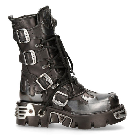 New Rock Flame Accented Black/Silver Leather Boots -591-S2