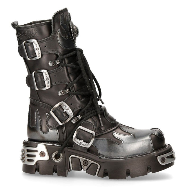 New Rock Flame Accented Black/Silver Leather Boots -591-S2