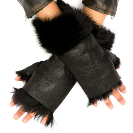 Womens Shearling  Mittens Fingerless Cuffs Toscana Suede Sheepskin Fur