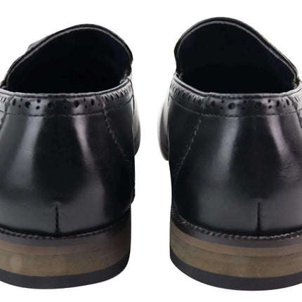 Mens Tasselled Black Leather Tweed Brogue Slip On Loafers