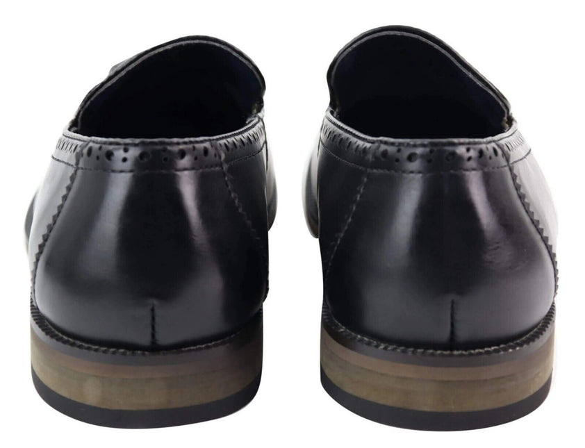 Mens Tasselled Black Leather Tweed Brogue Slip On Loafers