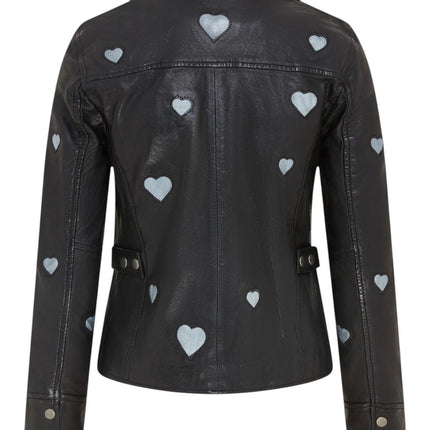 Women’s Black Leather Hearts Biker Jacket  - Wynyard